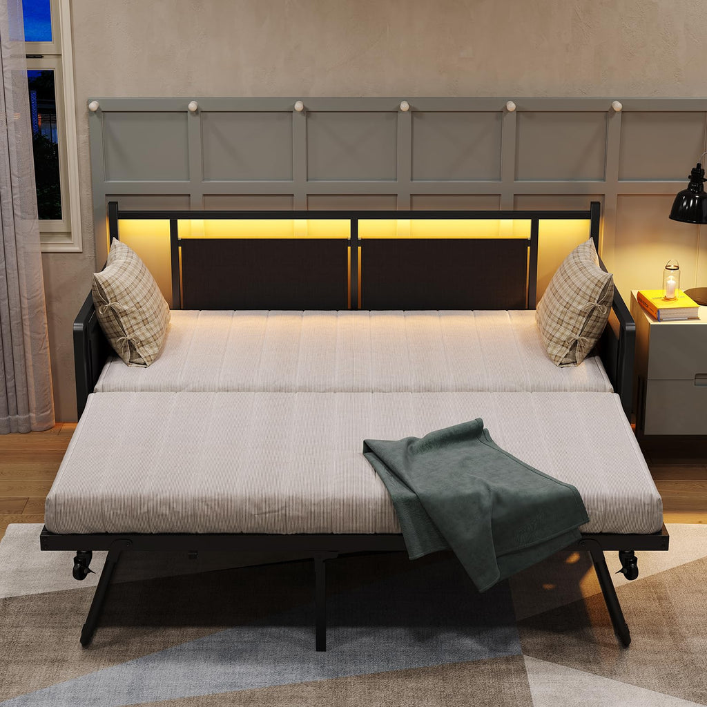 Daybed with Charging Station and LED Lights, Twin Daybed with Trundle, Metal Bed Frame with Steel Slat Support