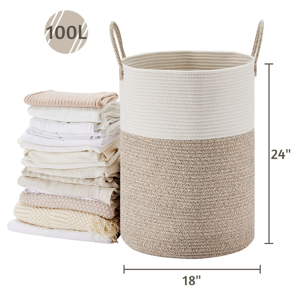 100L Extra Large Woven Laundry Basket Hamper, White Brown