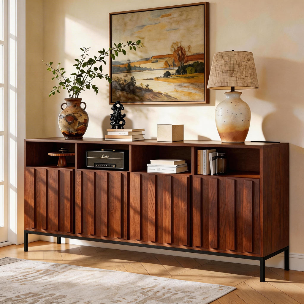 70" Walnut Fluted TV Stand for up to 80" TVs with Power Outlets