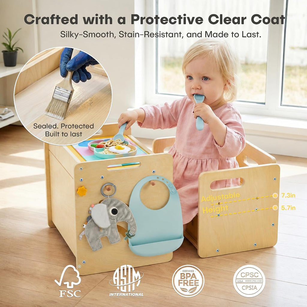 Table and Chair Set - Adjustable Toddler Weaning Table with Storage Box & Table Mat, Baby Furniture Gift for 1-3 Year