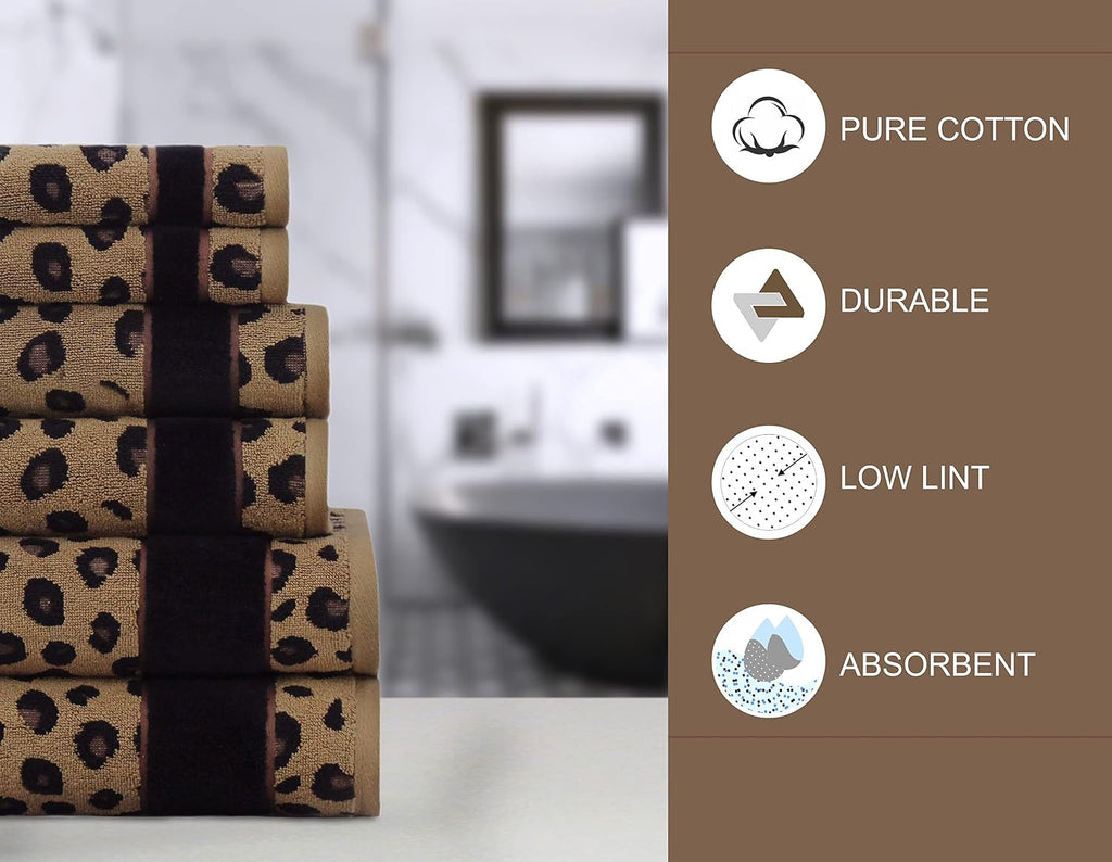 6 Piece Towel Set - 100% Cotton Animal Print Safari Towels | Soft Absorbent Leopard Cheetah Jacquard Bathroom Towels