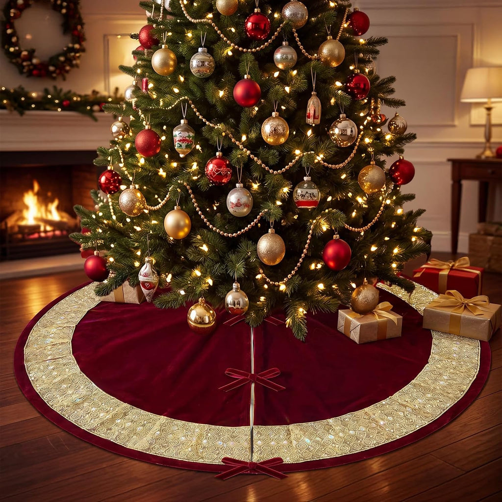 Red Velvet Christmas Tree Skirt, Gold Glitter Trim Holiday Tree Mat