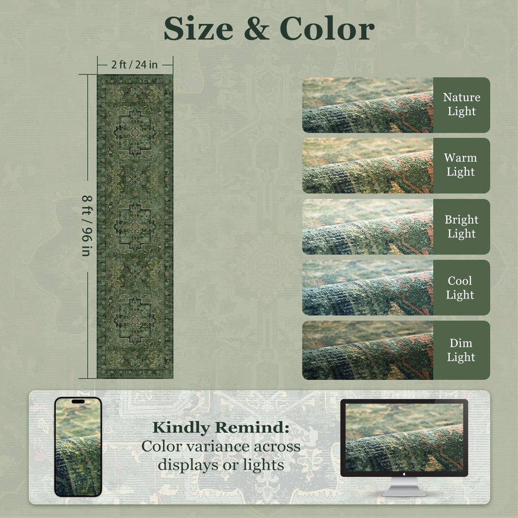 Tranditional Medallion Dark Green Runners s Entryway, Low Pile Washable Non Slip Distressed Printed Carpet Runner