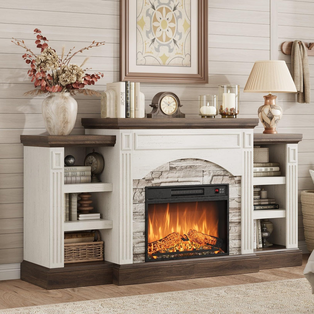 70" Farmhouse Electric Fireplace with Mantel, White and Brown