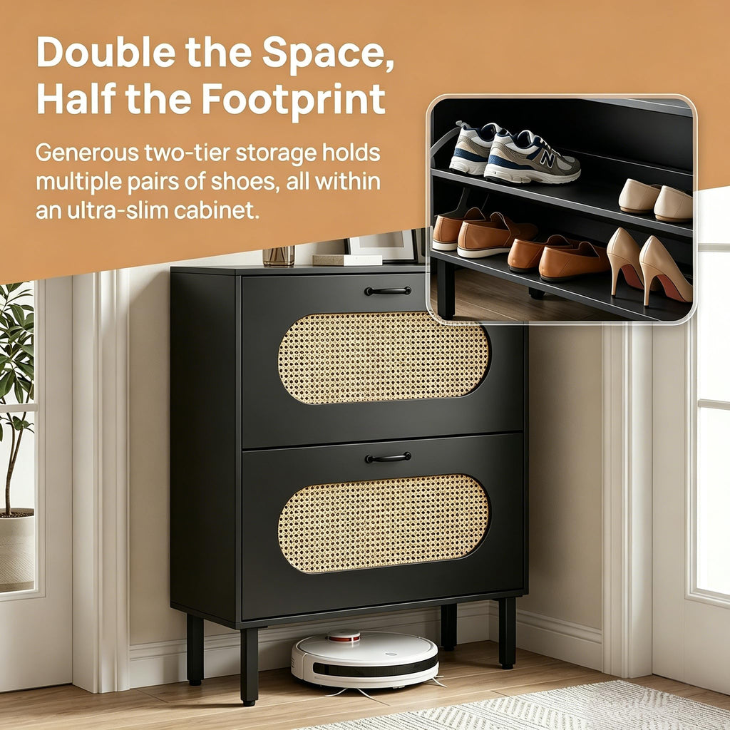 Shoe Storage Cabinet with 2 Flip Drawers, Freestanding Narrow Shoe Rack Organizer, Natural Semi-Circular Rattan