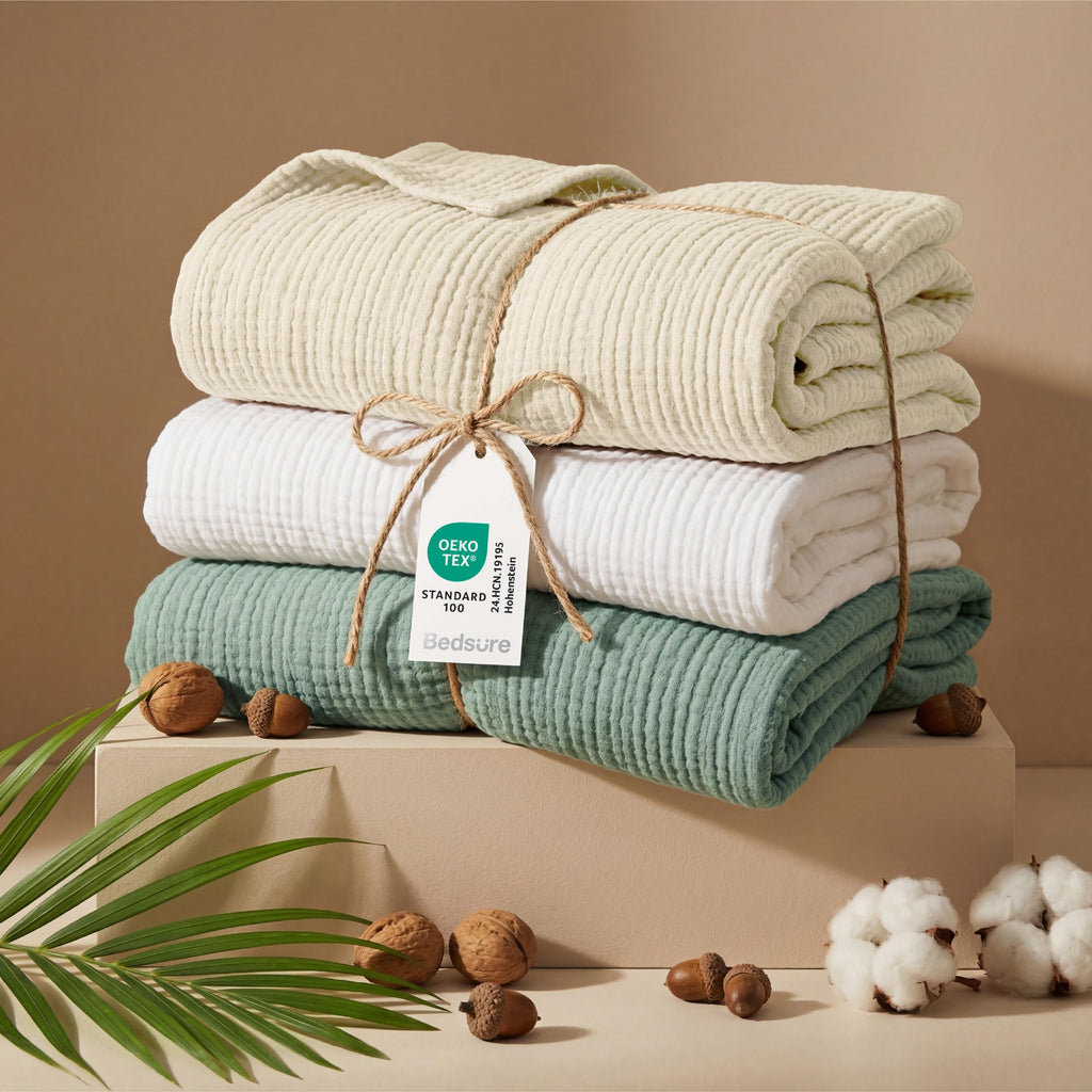100% Cotton Muslin Blanket for Bed, 4-Layer, Grey