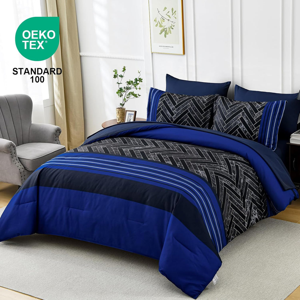 Luxudecor Blue Comforter Set Queen, 7 Pieces Stripe Geometric Bed in a Bag, Geometric Comforter and Sheet Set