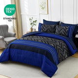 Luxudecor Blue Comforter Set King, 7 Pieces Stripe Geometric Bed in a Bag, Geometric Comforter and Sheet Set