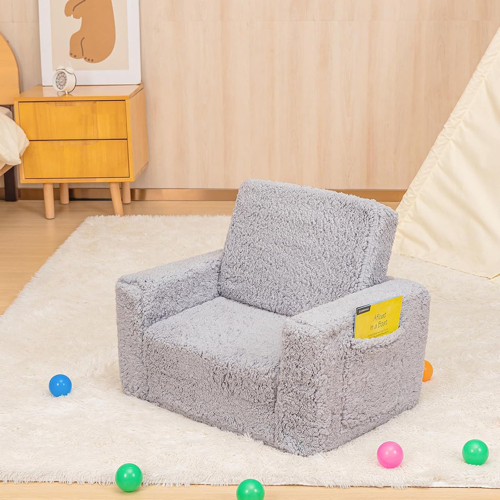 Toddler Couch & Chair - Convertible Sofa to Lounger, Pull Out Couch with Sherpa Cover in Dark Grey