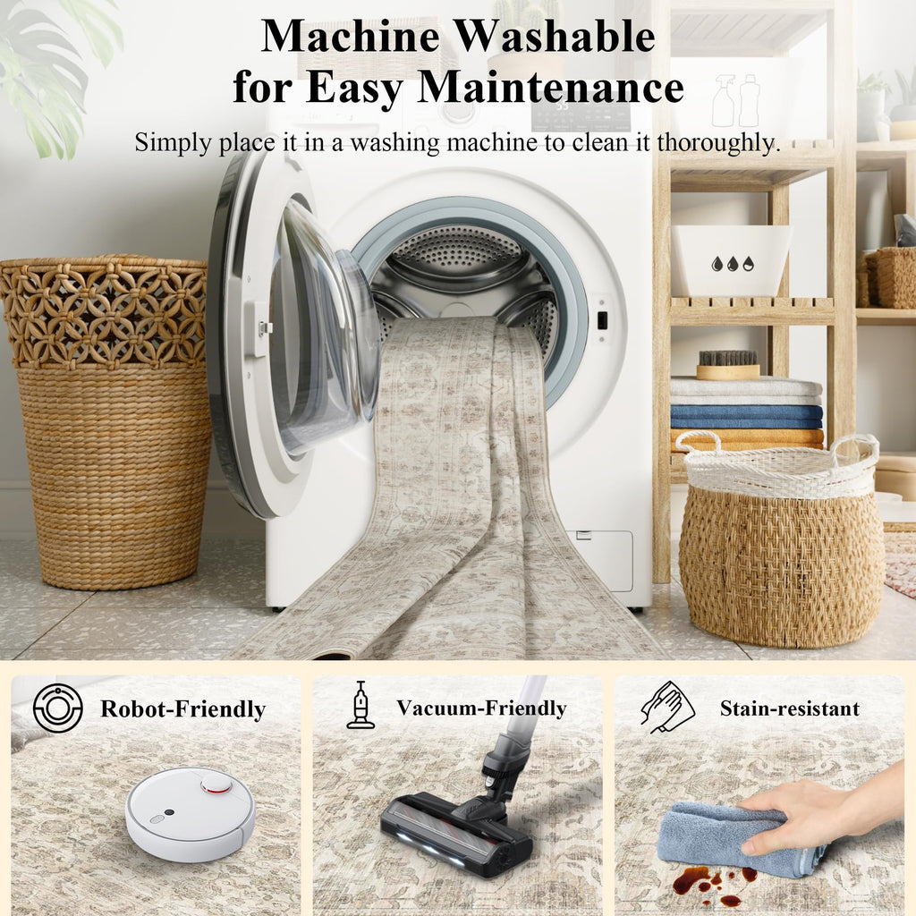 2x12 Neutral Beige Soft Low Pile Non Slip Machine Washable Runner Rug