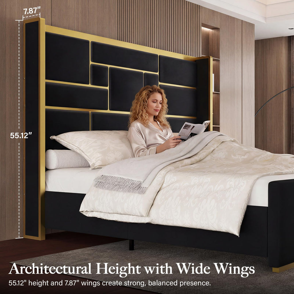 King Bed Frame and Gold Trim Headboard, Upholstered Bed, Black