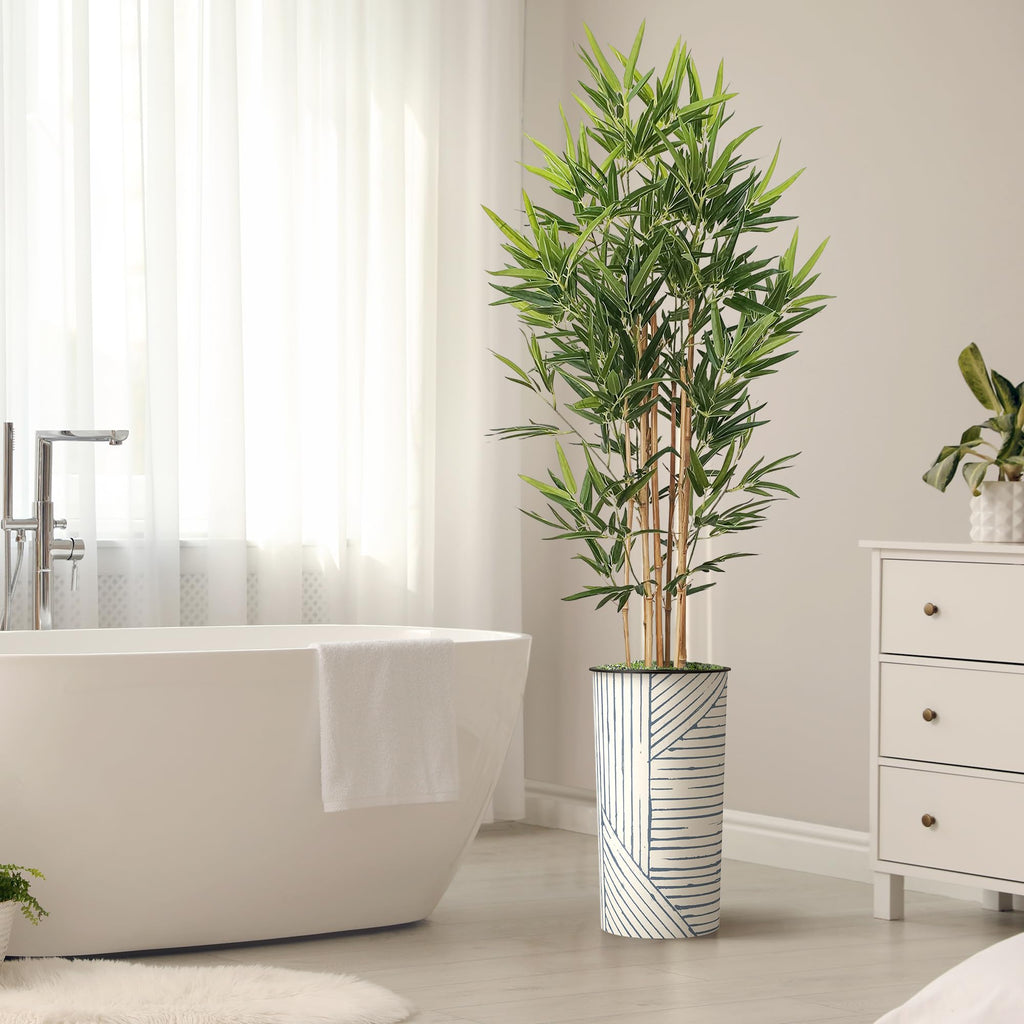 Tree in Geometric Pattern Planter, Fake Bamboo Silk Tree for Indoor and Outdoor Home Decoration - 70" Overall Tall