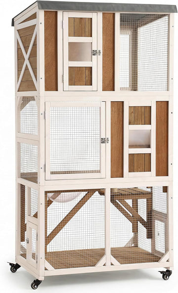 63.5" H Outdoor Cat Enclosure, Wooden Window Catio with Wheels