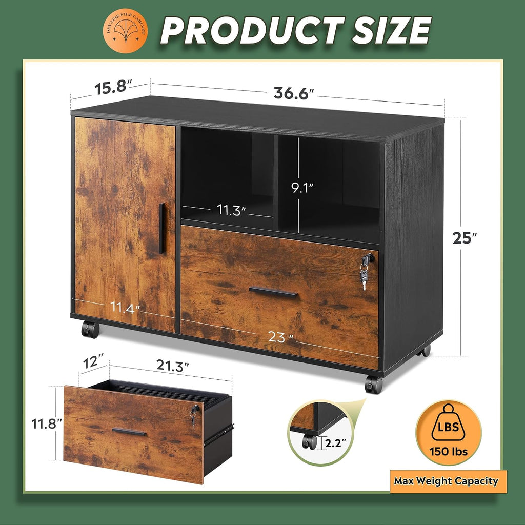 Printer Stand with Storage, Mobile Wood File Cabinet, Rustic Brown | Locking & Rolling, Lateral Filing Cabinet, Doors