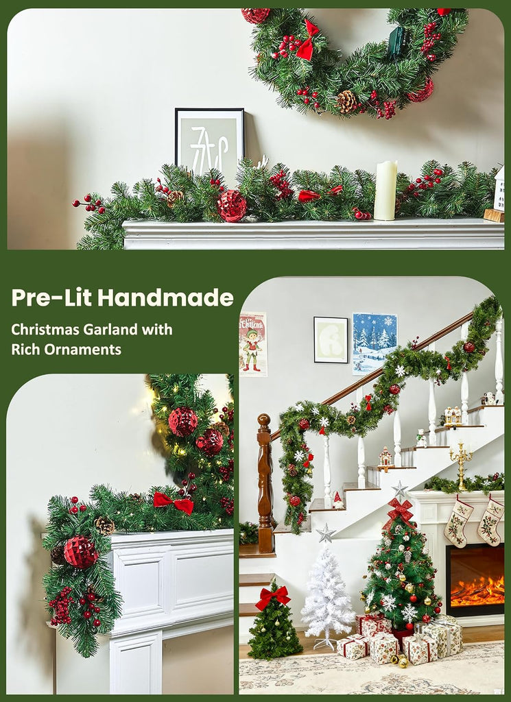 Christmas Garland with Lights, 9Ft Prelit Garland, 8 Light Modes & Timer