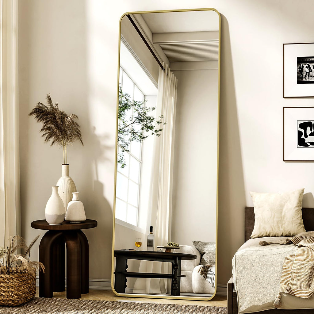 56"x21" Floor Full Length Mirror Standing Full Body Rounded Corner Rectangle Mirrors with Stand Hanging Wall Mounted