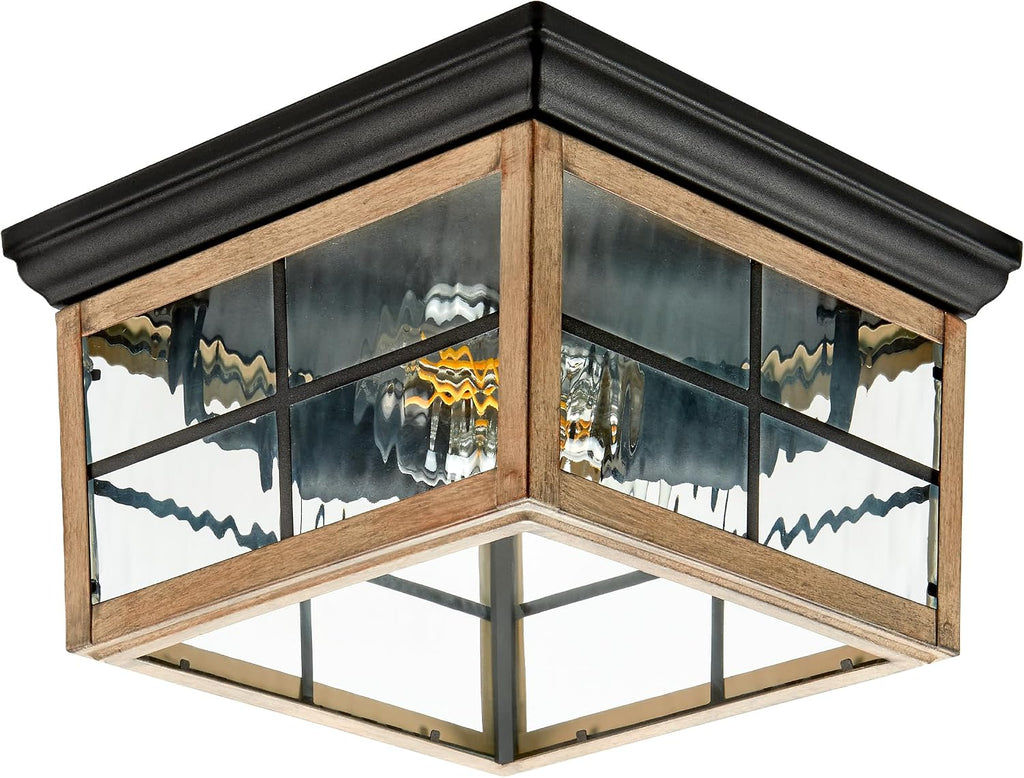 Outdoor Flush Mount Ceiling Light Fixture, Wood Grain, 2-Light | Water Glass, Square Farmhouse, Porch or Patio Light