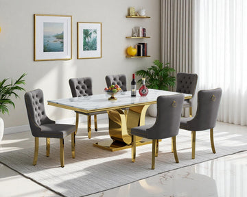 7 Piece Faux Marble Dining Table Set for 6, 70" White Gold Kitchen Table Set with U-Shape Stainless Steel Base