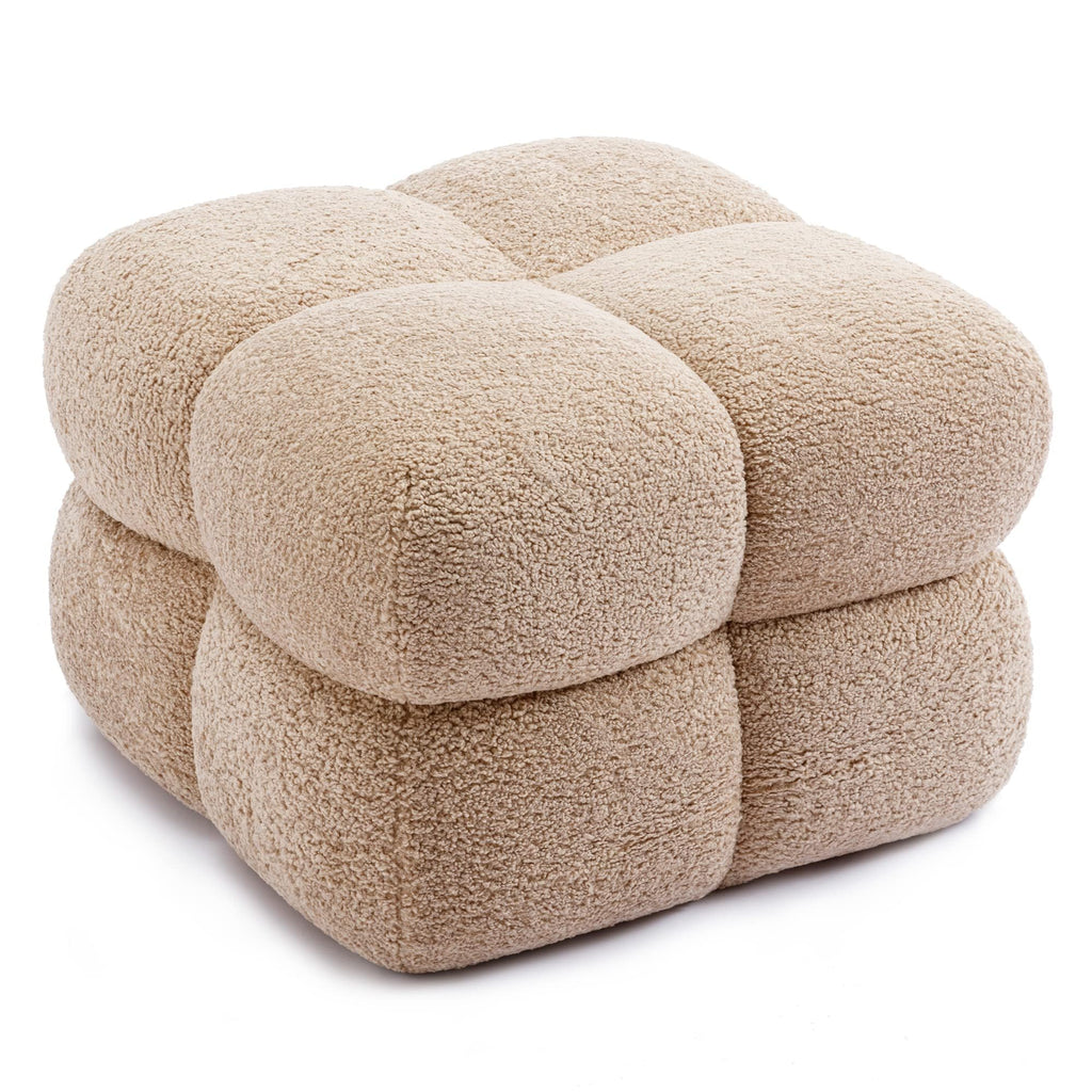 21" W Pouf Ottoman Foot Rest, Large Square Foot Stool for Couch, Upholstered Boho Ottoman with Teddy Fabric for