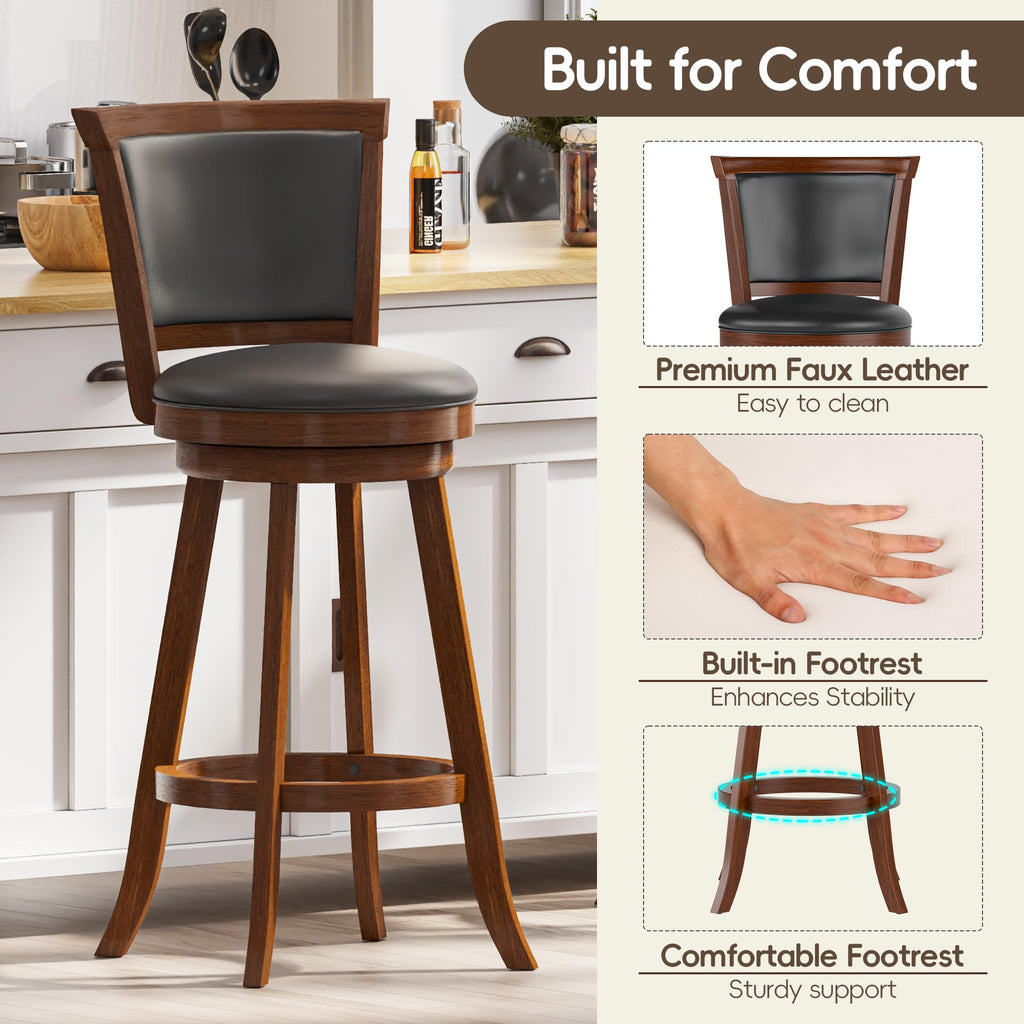 Swivel Bar Stools Set of 2, 29" Bar Height Barstools, Retro Brown
