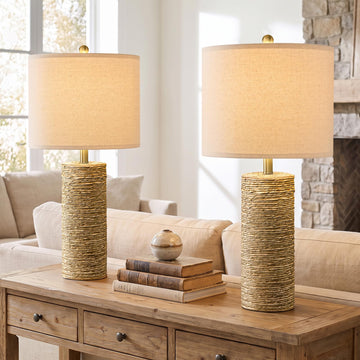27" Tall Boho Table Lamps Set of 2, Resin Wicker Rattan-Look Coastal Lamps