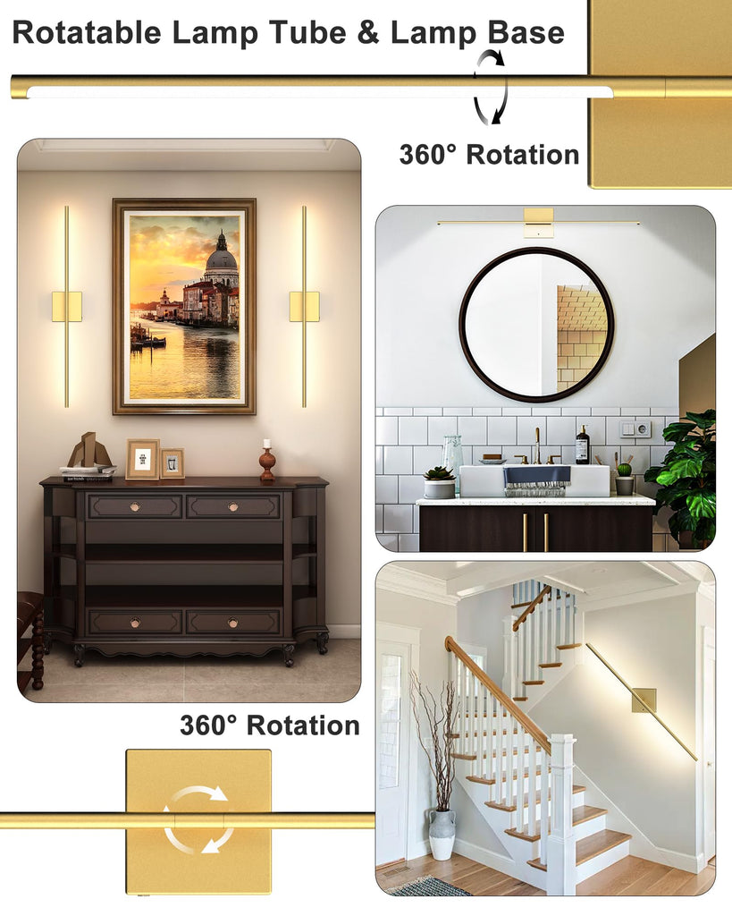 Battery Powered Wall Sconce Set of Two: Gold Wireless Rechargeable Wall Lights with Touch and Remote Control