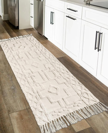 Boho Hallway Runner Rug, Beige Cotton Washable Kitchen Rug Runners with Tassels, Hand Woven Western Entryway