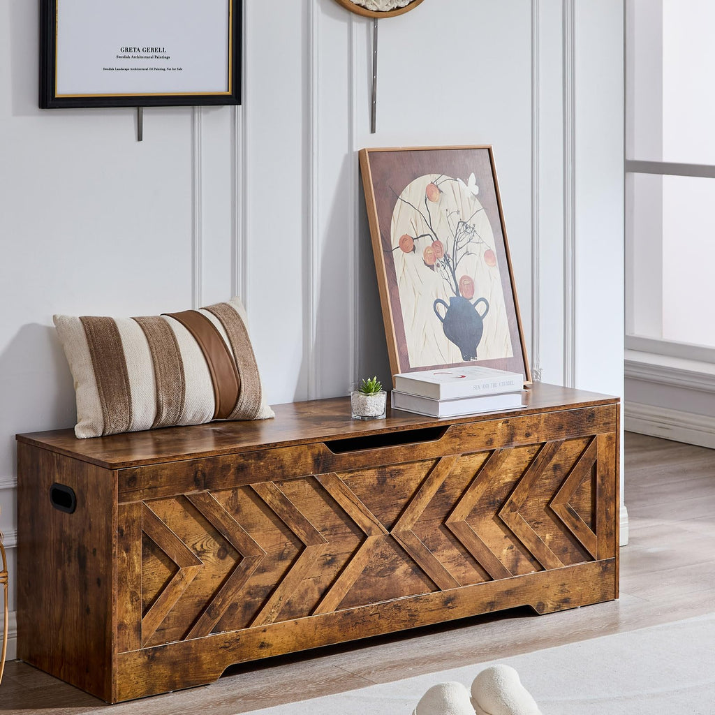 55.1" Storage Bench, Extra Large Entryway Bench with Storage, Storage Chest with 2 Safety Hinges, Blanket Storage, Shoe