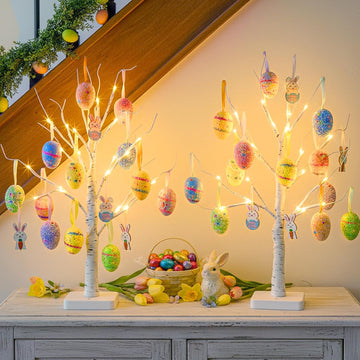 Easter Egg Tree Lights, 22 Inch Easter Trees Battery Operated with Timer, Lighted White Birch Tree Tabletop - Set of 2