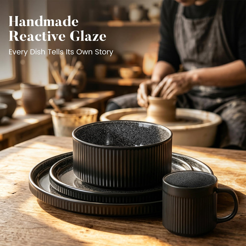 Fluted Ceramic Dinnerware Sets for 4, 16Pcs Stoneware Plates and Bowls Sets Non Toxic, Black Dishes Set, Oven &