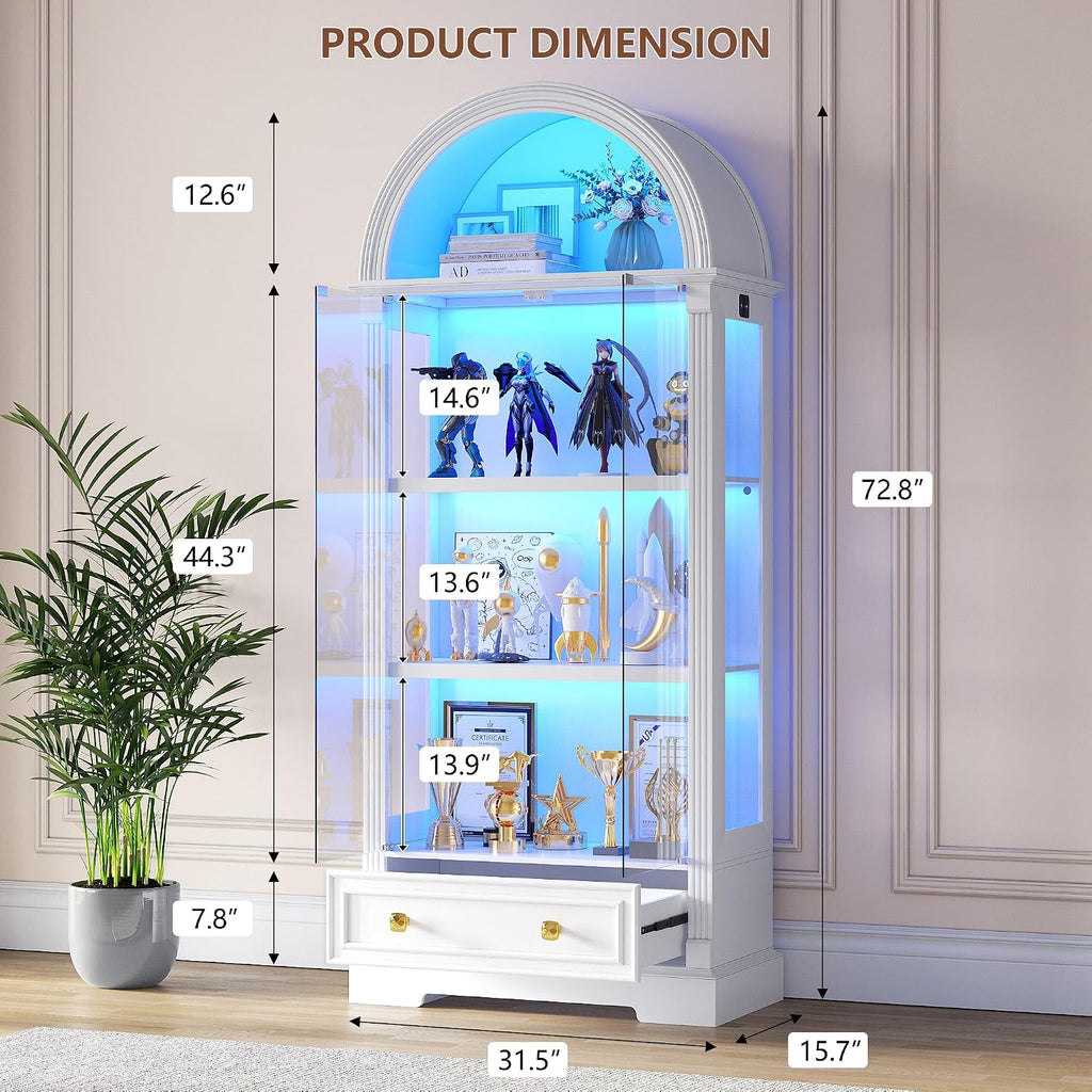 Curio Cabinet with Glass Doors & LED Lights | 72" Tall, Arched Display Cabinet, Human Sensor Lights, 4-Tier Large
