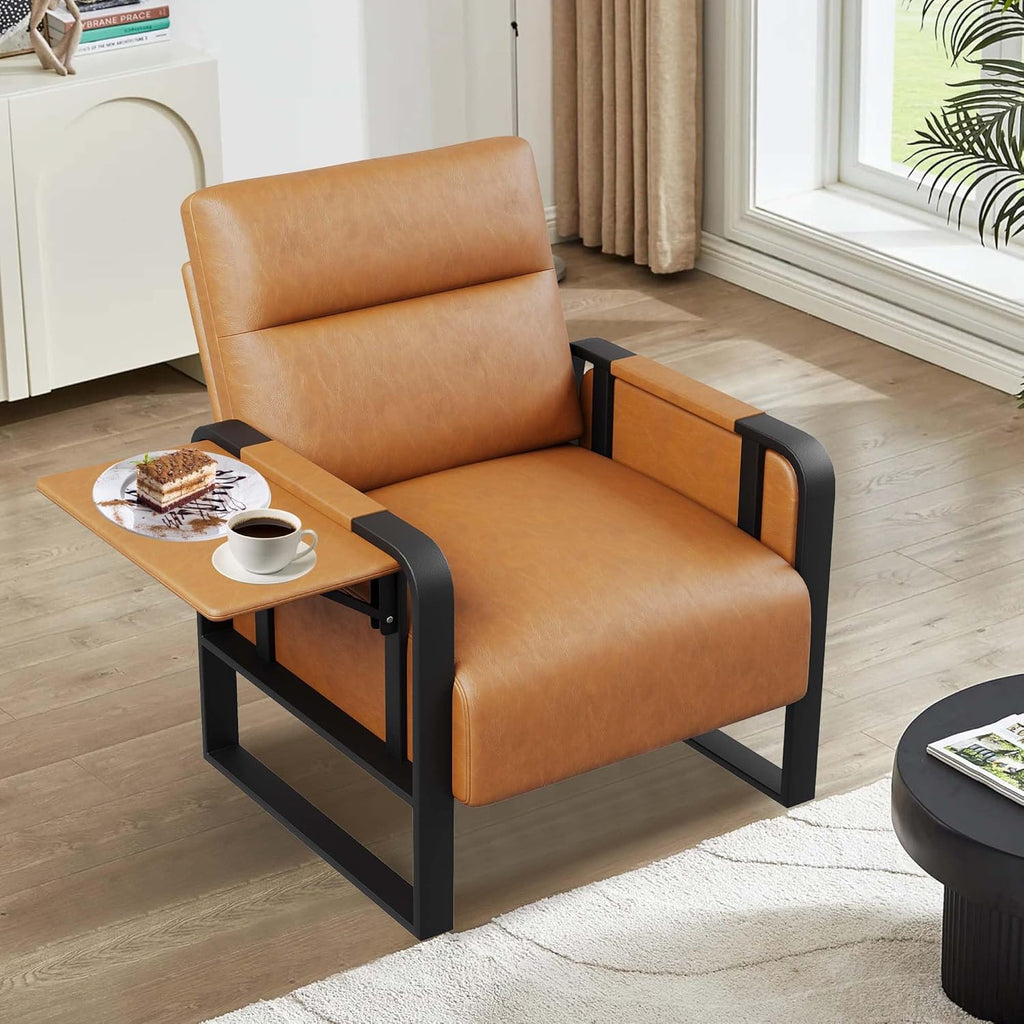 Brown Accent Chair PU Leather Upholstered Armchair with Side Table
