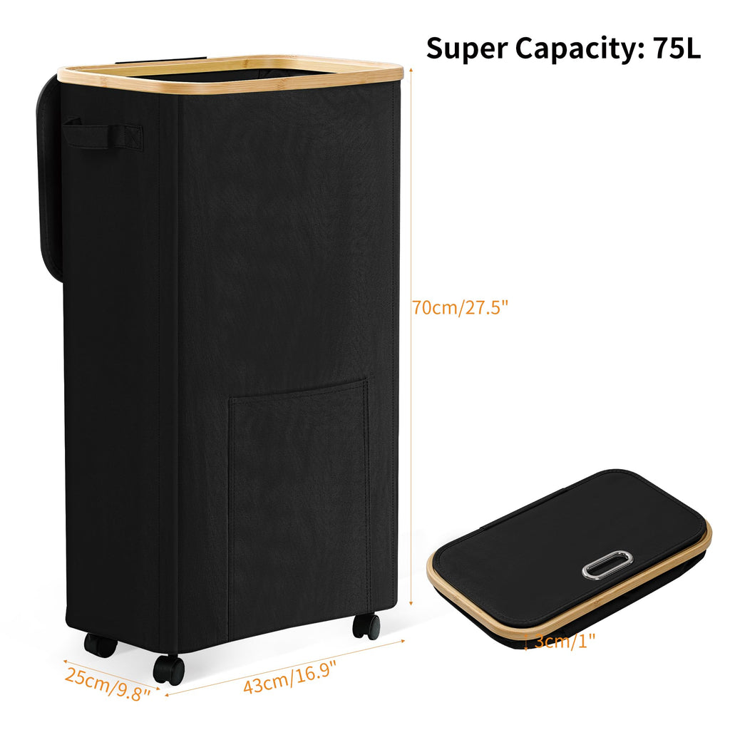 Basket with Wheels, Dirty Clothes Hamper on Wheels, Rolling Tall Laundry Hamper with lid for Laundry Room, Dorm and