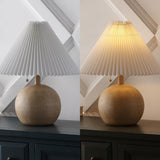 17.25" Beige Wood Finish/White Sphere Table Lamp, Mid-Century Bedside Nightstand with Beige Pleated Linen Shade