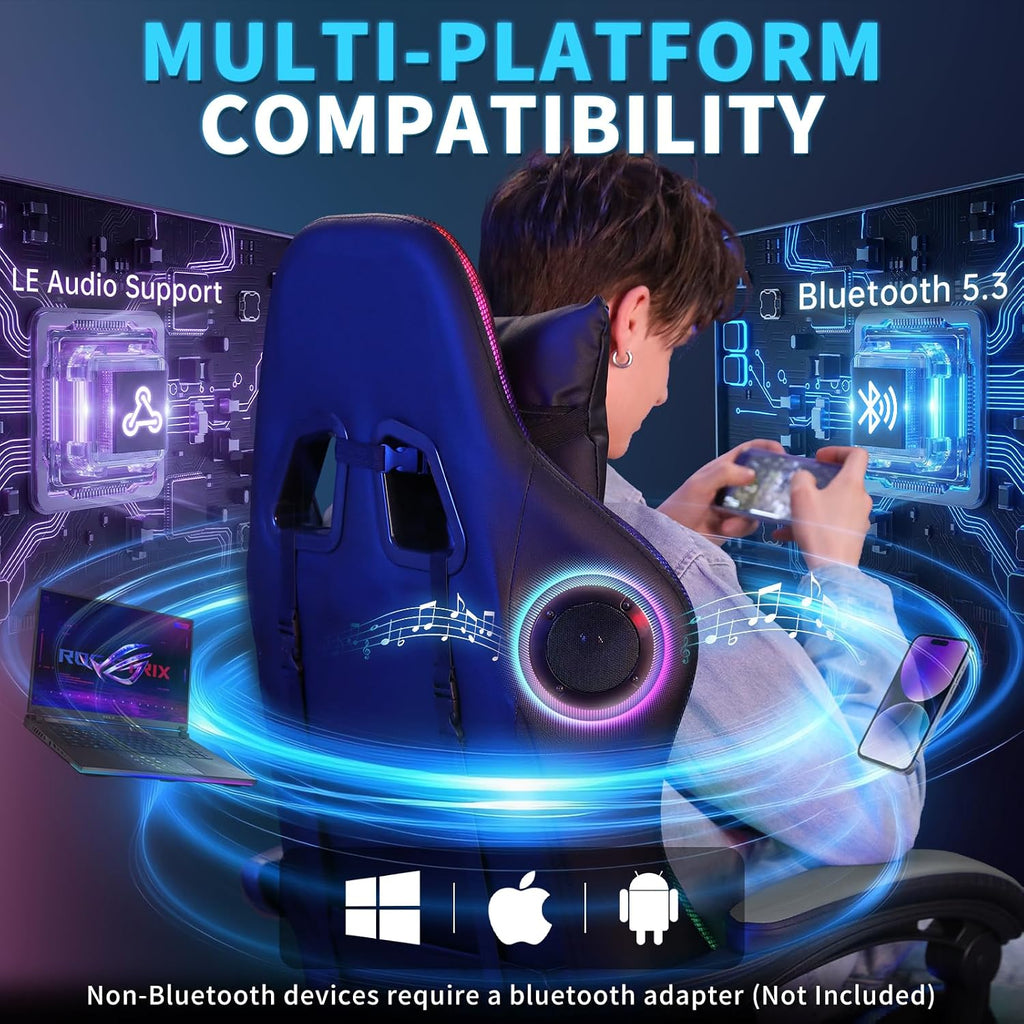 Gaming Chair with Bluetooth Speakers RGB LED Lights Computer Chair-Grey | Ergonomic Massage Game Chair with Footrest