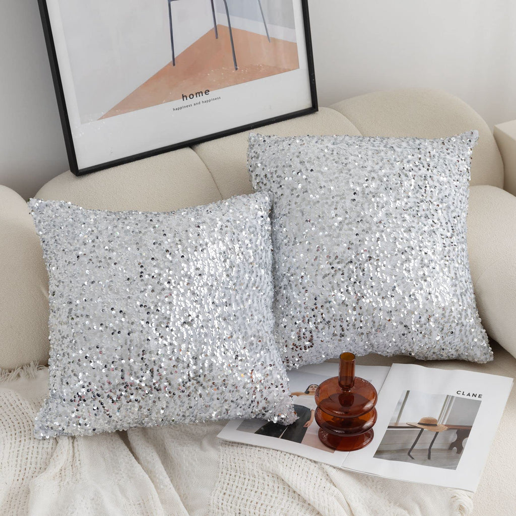 Set of 2 Silver White Glitzy Sequin Throw Pillow Covers Sparkling Decorative Gilter Metallic Square Cushion Cover