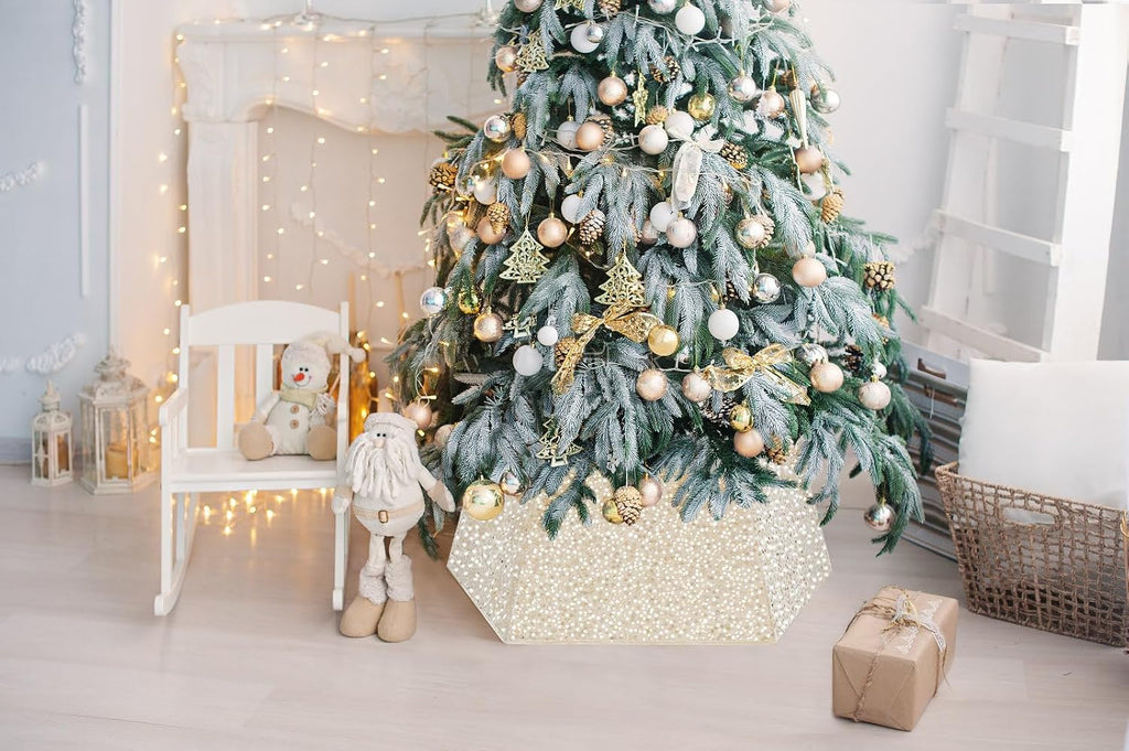 Sequin Christmas Tree Ring Collar Collapsible 25.59 Inch Champagne Gold Tree Skirt Velvet Tree Stand Cover for Xmas