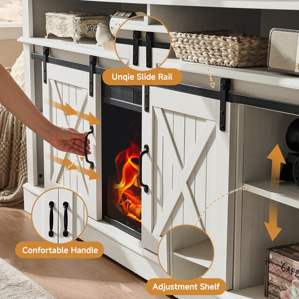 66 Inch Electric Fireplace TV Stand, White Farmhouse Media Console with Sliding Barn Doors, Entertainment Center with