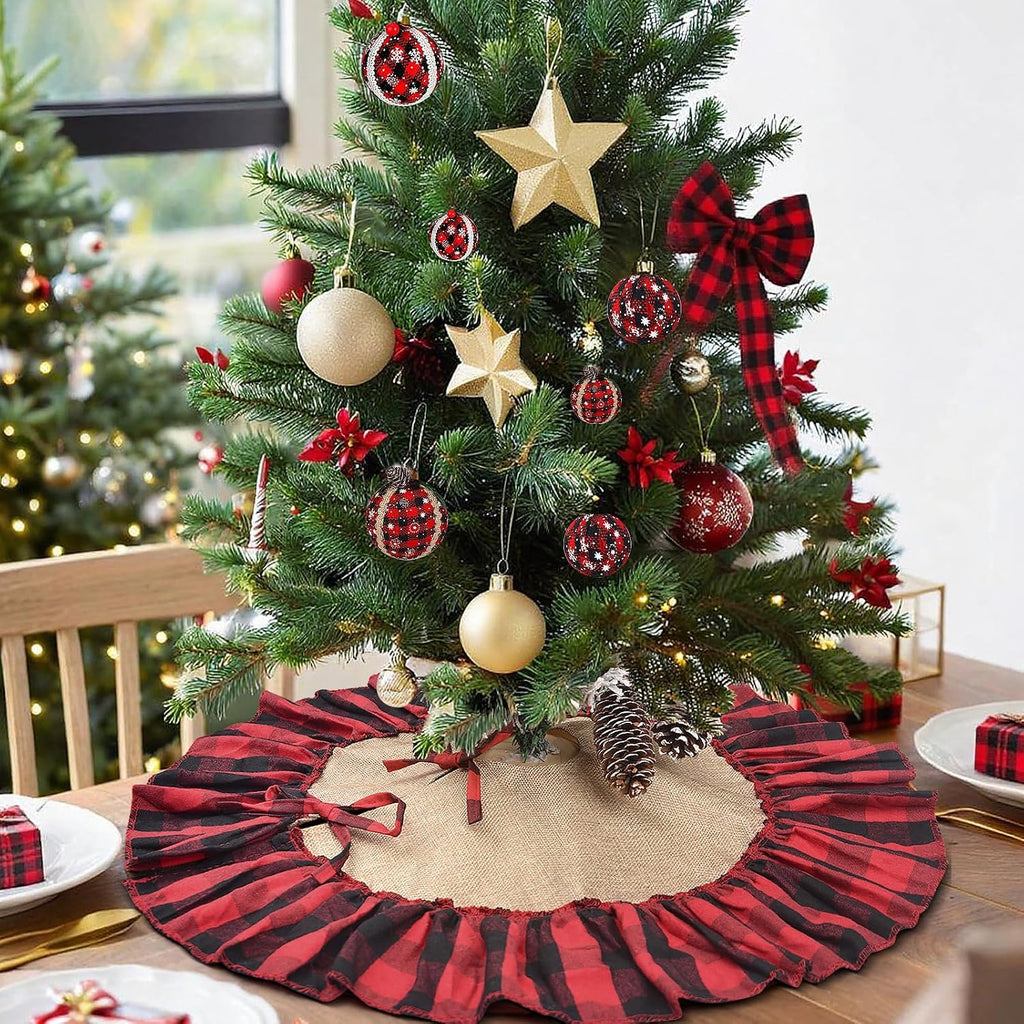 Mini Buffalo Plaid Burlap Tree Skirt with Red and Black Ruffle, 24 inch Small Red Black Gingham Chrismtas Tree Skirt