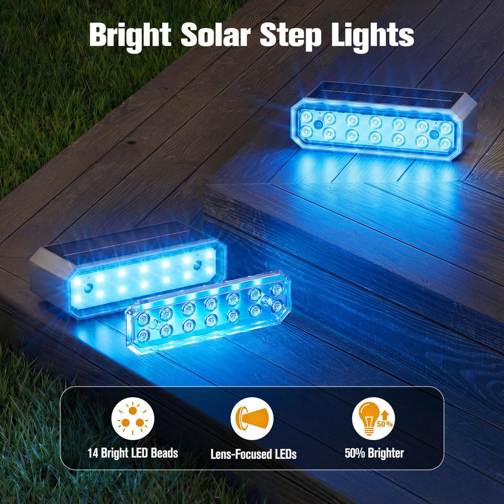 Blue Solar Step Lights for Pool, Deck, Dock & Stairs, 6 Pack Cool Blue Outdoor Lighting - Auto On/Off, IP67 Waterproof