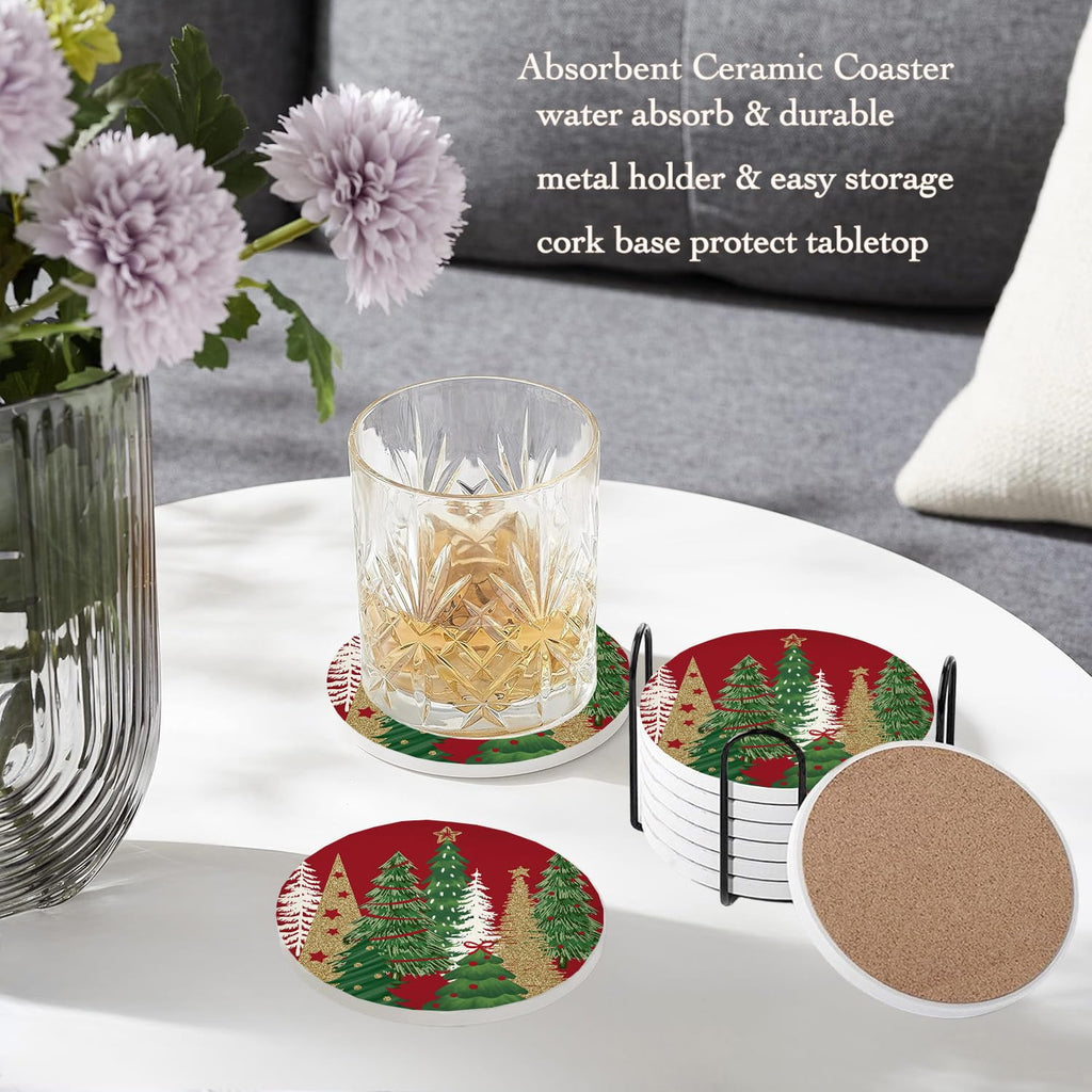 Christmas Tree Drink Coasters Set of 6, Round Absorbent Ceramic Coaster, with Metal Holder and Cork Base, Pine Tree