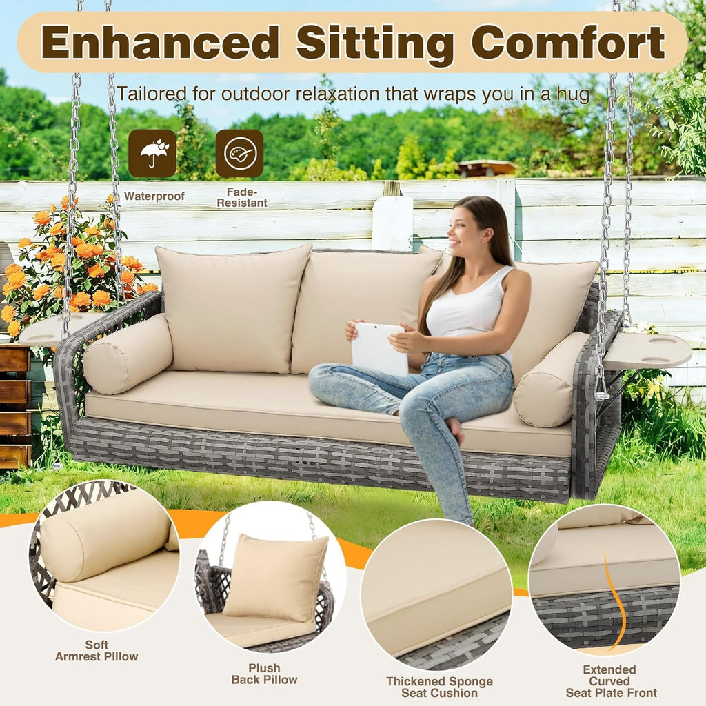 3 Seat Hanging Wicker Porch Swing with Cup Holders, 800Lbs