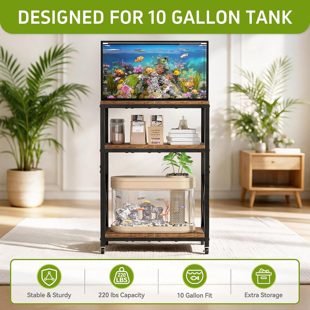 10 Gallon Aquarium Stand, 3-Tier Fish Tank Stand with Wheels, Heavy Duty Metal Frame with Mesh Side Panels