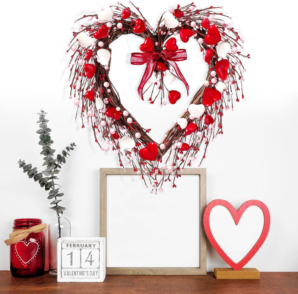17in Valentine's Day Heart Wreath with Berry Red Heart Wreaths Handmade Valentines Day Wreath with Silk Bow Red Pink