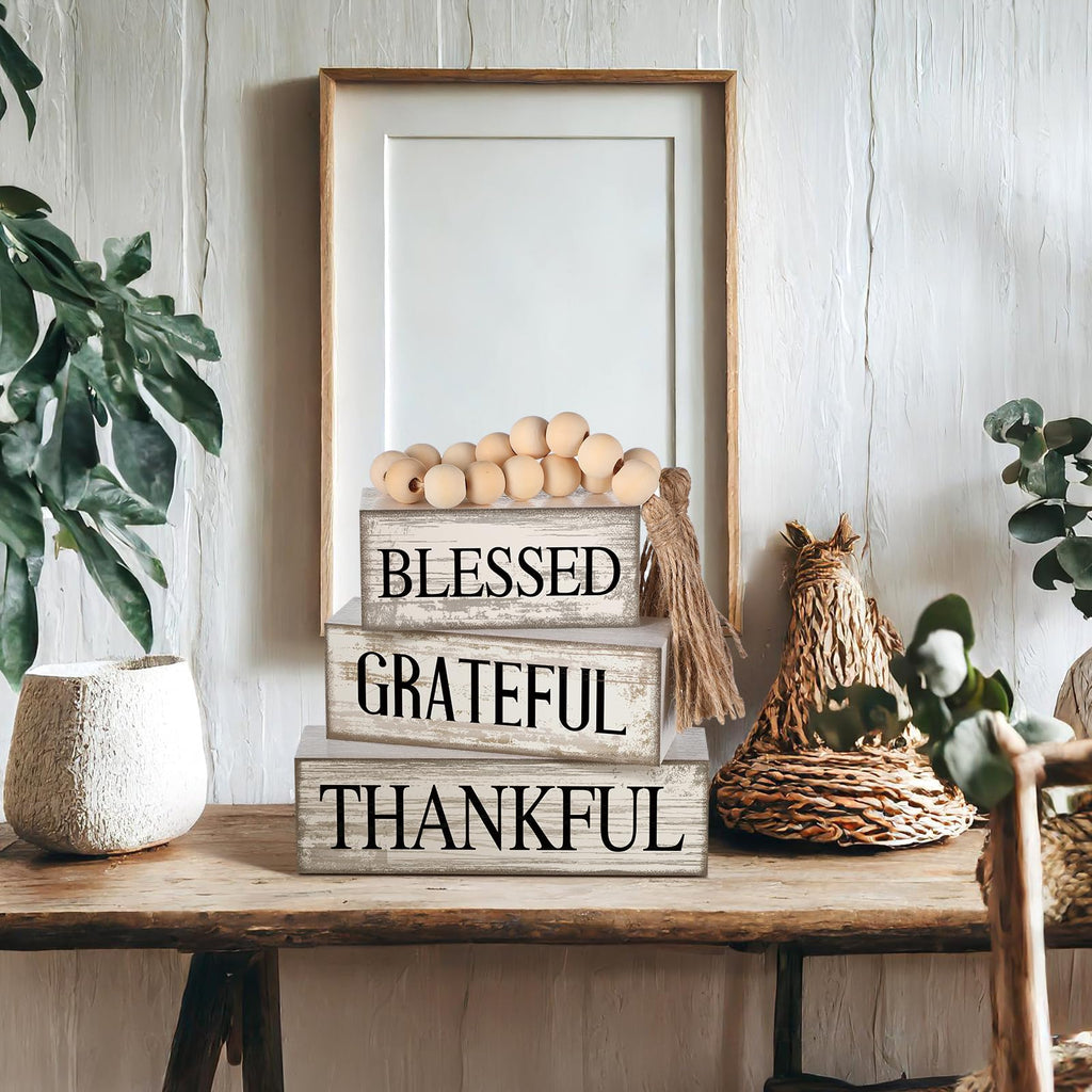 4 Pcs Farmhouse Thanksgiving Table Decor Stacked Wooden Block Sign