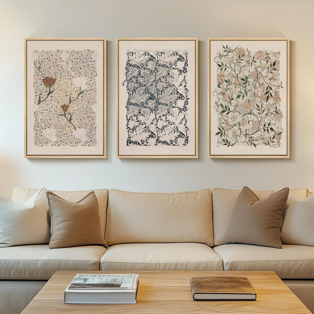 Framed Large William Morris Canvas Wall Art Set of 3, Vintage Nature Floral Artwork Prints, Boho Neutral Botanical
