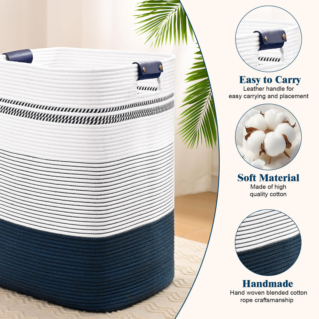 Laundry Hamper, 95L Tall Laundry Basket with Leather Handles, Rectangle Large Clothes Hamper for Organizing, Cotton