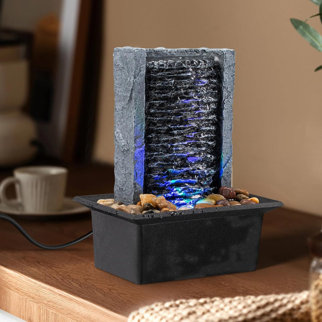 Tabletop Fountain Indoor Waterfall Rock Fountain LED-Lights Water Feature Waterfall for Modern Home and Office Indoor