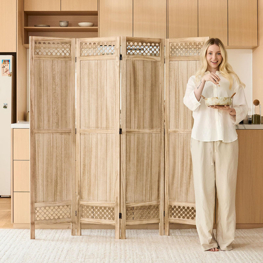 Privacy Screen Room Divider Panel - 67 Inch Tall Natural Wood Folding Partition Room Dividers, No-Assembly Required