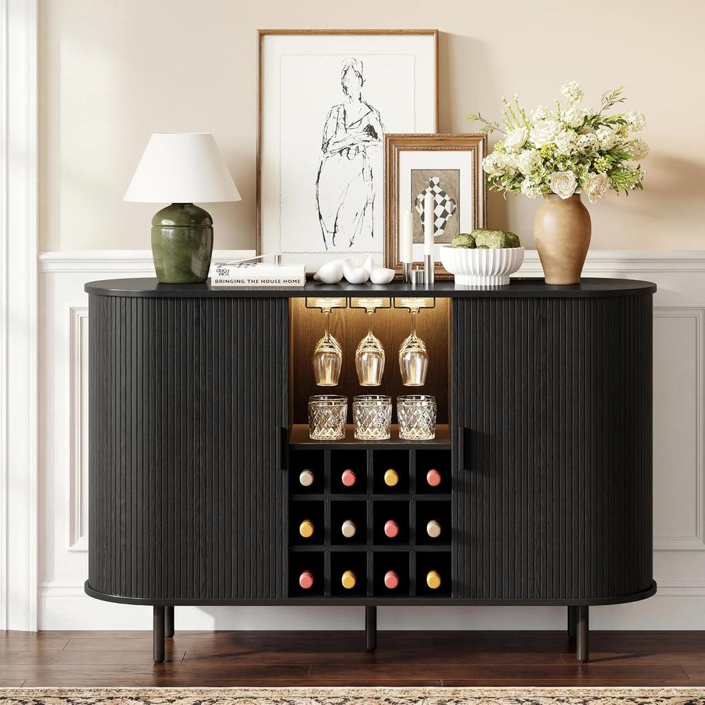 55" Wine Bar Cabinet with LED Light & Power Outlet, Black | Modern Flute Liquor Coffee Station with Wine Rack, Glass